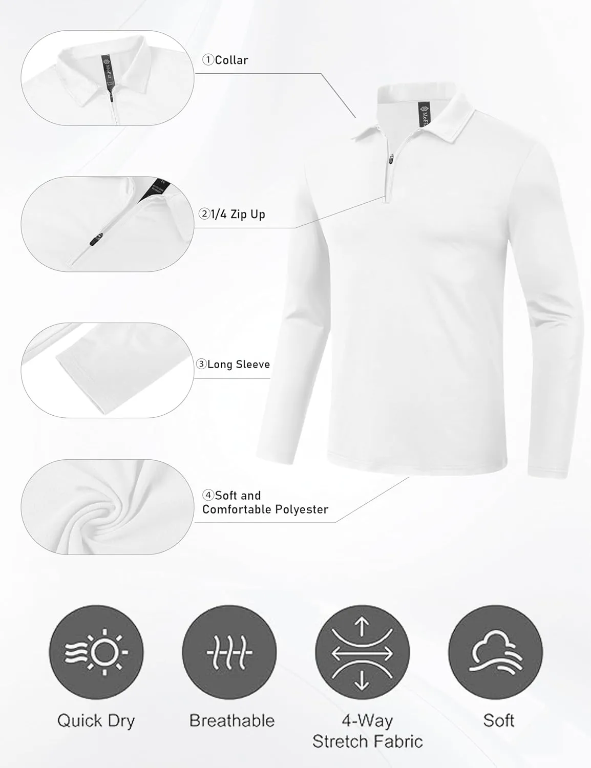 MoFiz Lightweight Men's Long Sleeve Polo Shirts Quarter Zipper Pullover Men's Polo Shirts