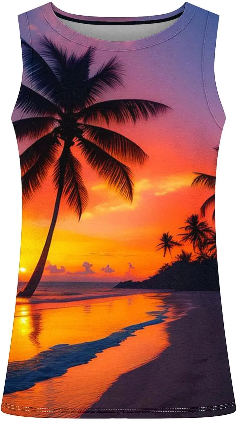 Muscularfit Big and Tall Graphic Tank Tops for Men Sleeveless Sunset Coconut Print Graphic Tee Shirts Casual Loose Pullover