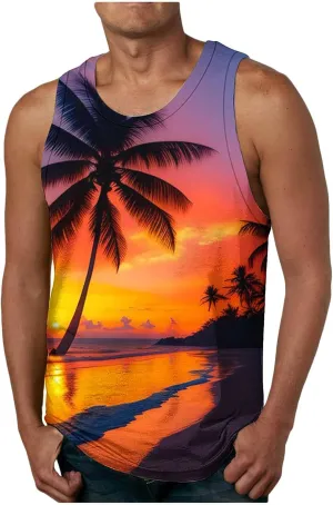 Muscularfit Big and Tall Graphic Tank Tops for Men Sleeveless Sunset Coconut Print Graphic Tee Shirts Casual Loose Pullover