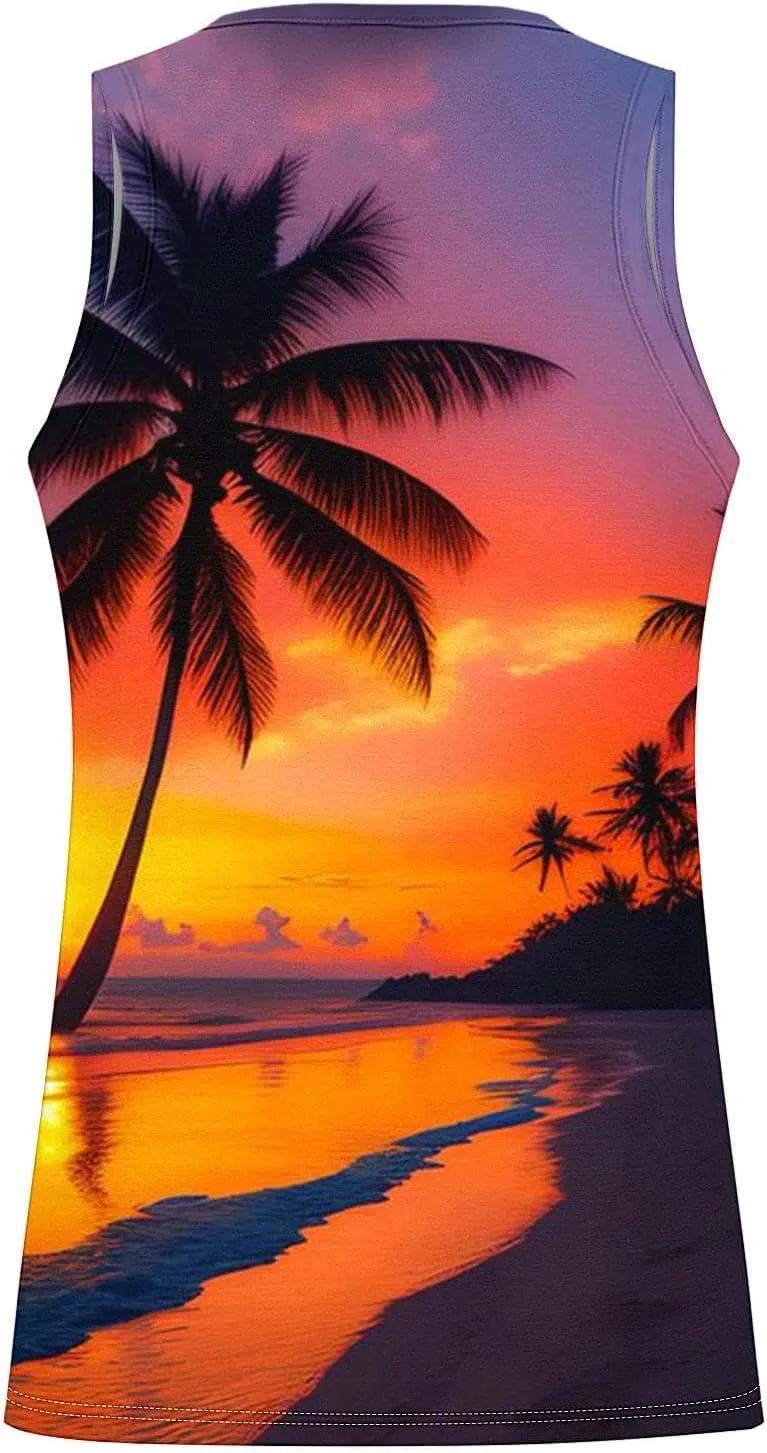 Muscularfit Big and Tall Graphic Tank Tops for Men Sleeveless Sunset Coconut Print Graphic Tee Shirts Casual Loose Pullover