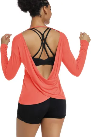 Muzniuer Women's Long Sleeve Workout Shirts Backless Yoga Shirts Cross Back Open Shirt
