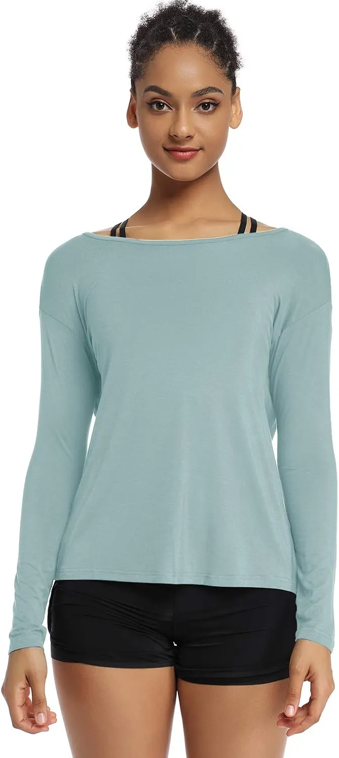 Muzniuer Women's Long Sleeve Workout Shirts Backless Yoga Shirts Cross Back Open Shirt