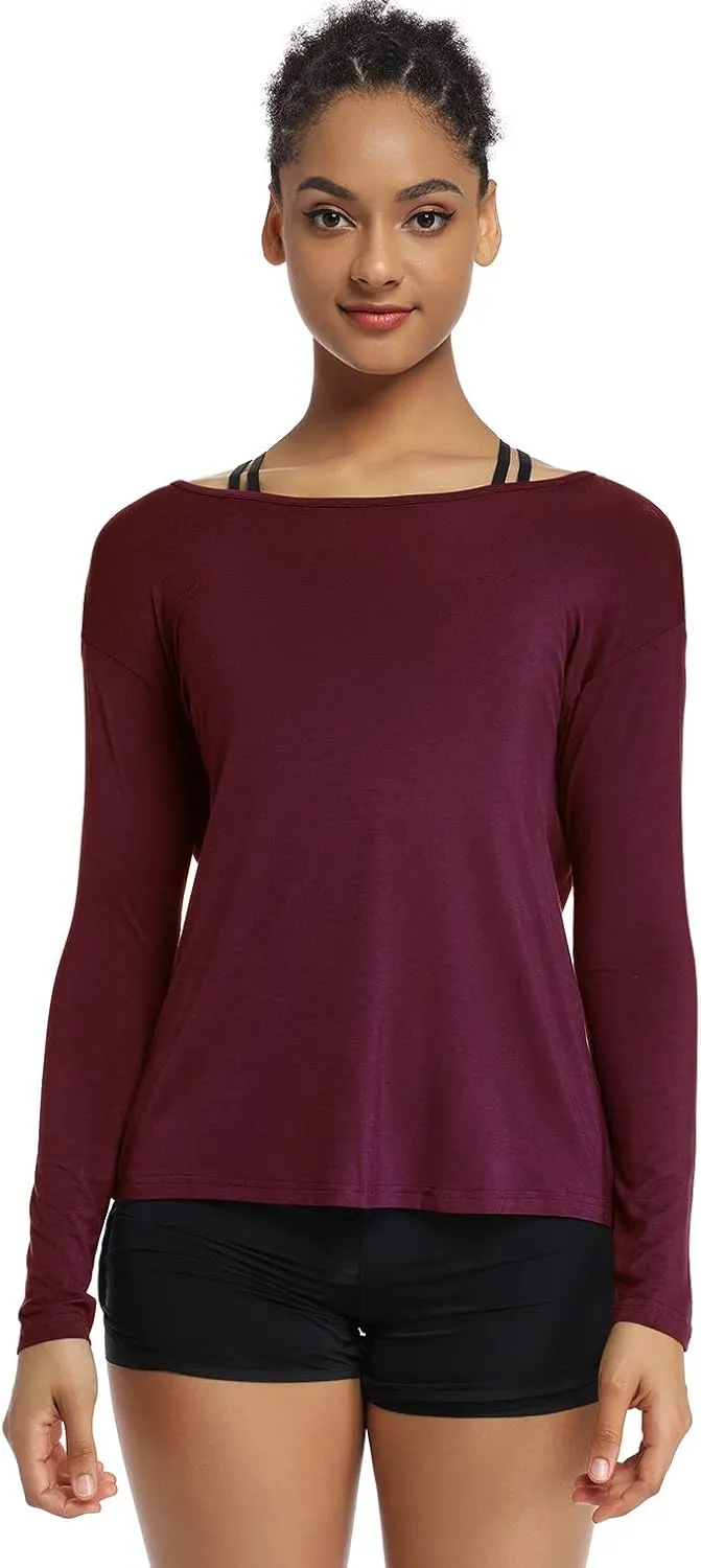 Muzniuer Women's Long Sleeve Workout Shirts Backless Yoga Shirts Cross Back Open Shirt