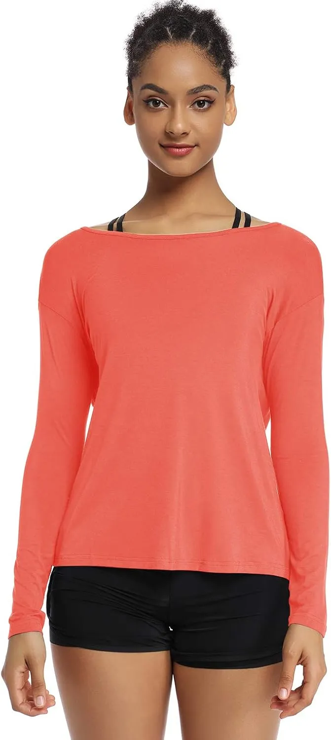 Muzniuer Women's Long Sleeve Workout Shirts Backless Yoga Shirts Cross Back Open Shirt