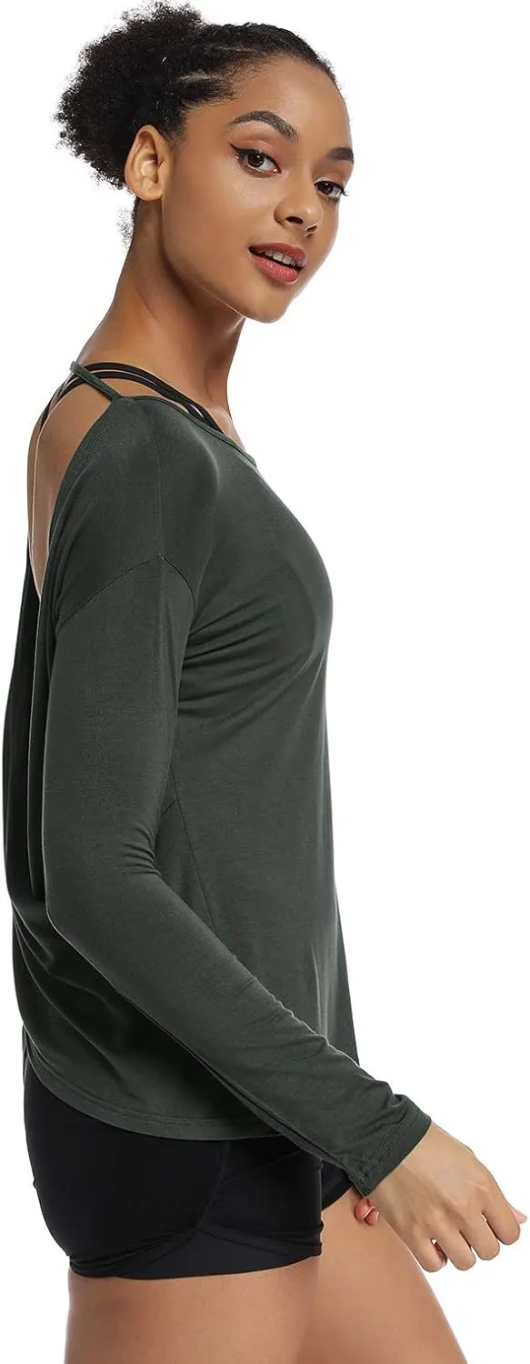 Muzniuer Women's Long Sleeve Workout Shirts Backless Yoga Shirts Cross Back Open Shirt