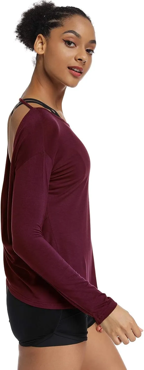 Muzniuer Women's Long Sleeve Workout Shirts Backless Yoga Shirts Cross Back Open Shirt