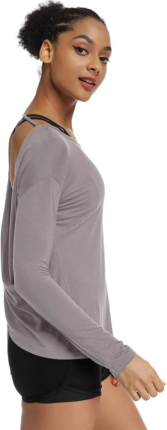 Muzniuer Women's Long Sleeve Workout Shirts Backless Yoga Shirts Cross Back Open Shirt