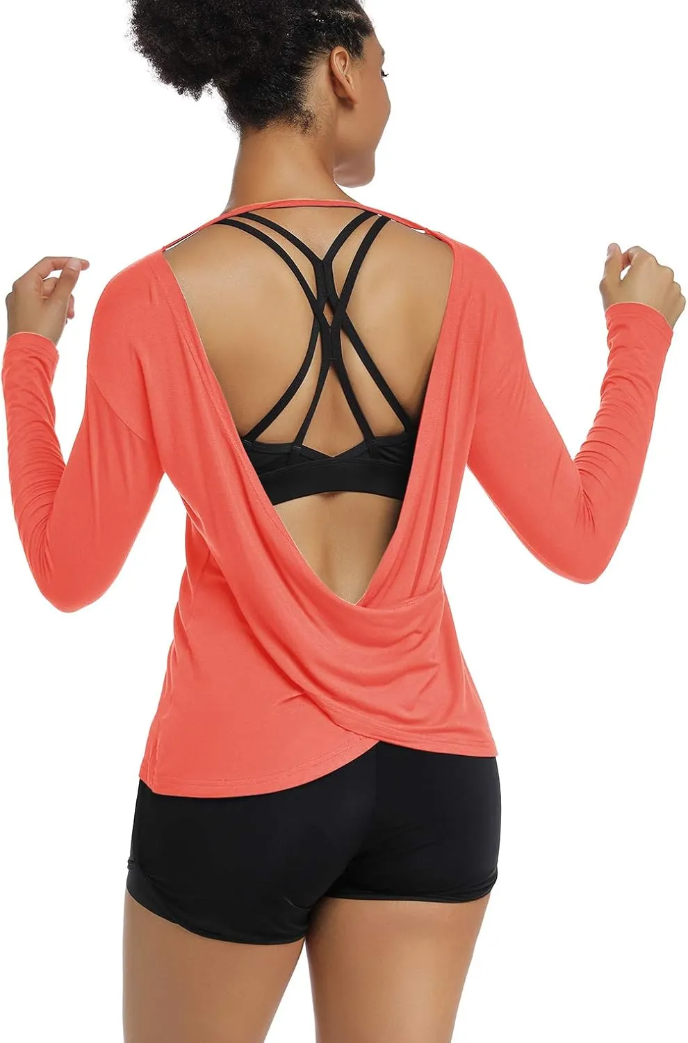 Muzniuer Women's Long Sleeve Workout Shirts Backless Yoga Shirts Cross Back Open Shirt