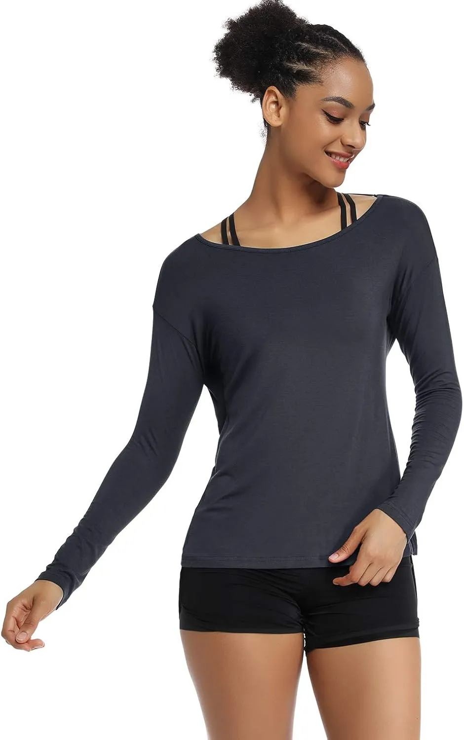 Muzniuer Women's Long Sleeve Workout Shirts Backless Yoga Shirts Cross Back Open Shirt