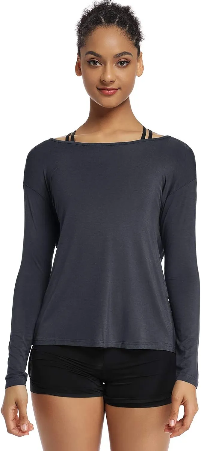 Muzniuer Women's Long Sleeve Workout Shirts Backless Yoga Shirts Cross Back Open Shirt