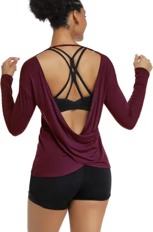 Muzniuer Women's Long Sleeve Workout Shirts Backless Yoga Shirts Cross Back Open Shirt