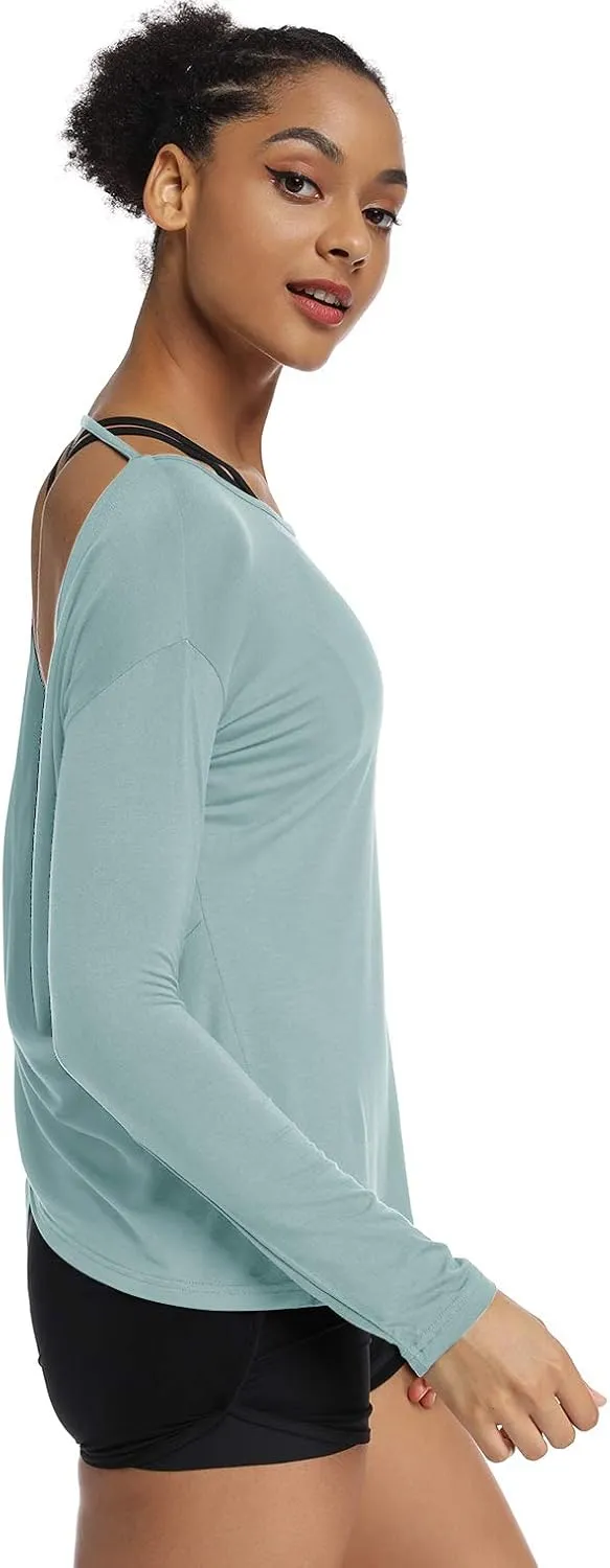 Muzniuer Women's Long Sleeve Workout Shirts Backless Yoga Shirts Cross Back Open Shirt