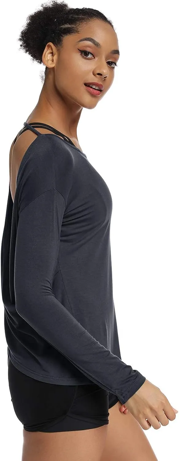 Muzniuer Women's Long Sleeve Workout Shirts Backless Yoga Shirts Cross Back Open Shirt