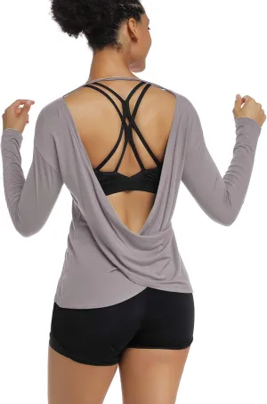 Muzniuer Women's Long Sleeve Workout Shirts Backless Yoga Shirts Cross Back Open Shirt