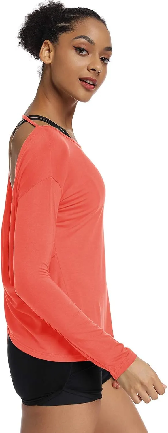 Muzniuer Women's Long Sleeve Workout Shirts Backless Yoga Shirts Cross Back Open Shirt