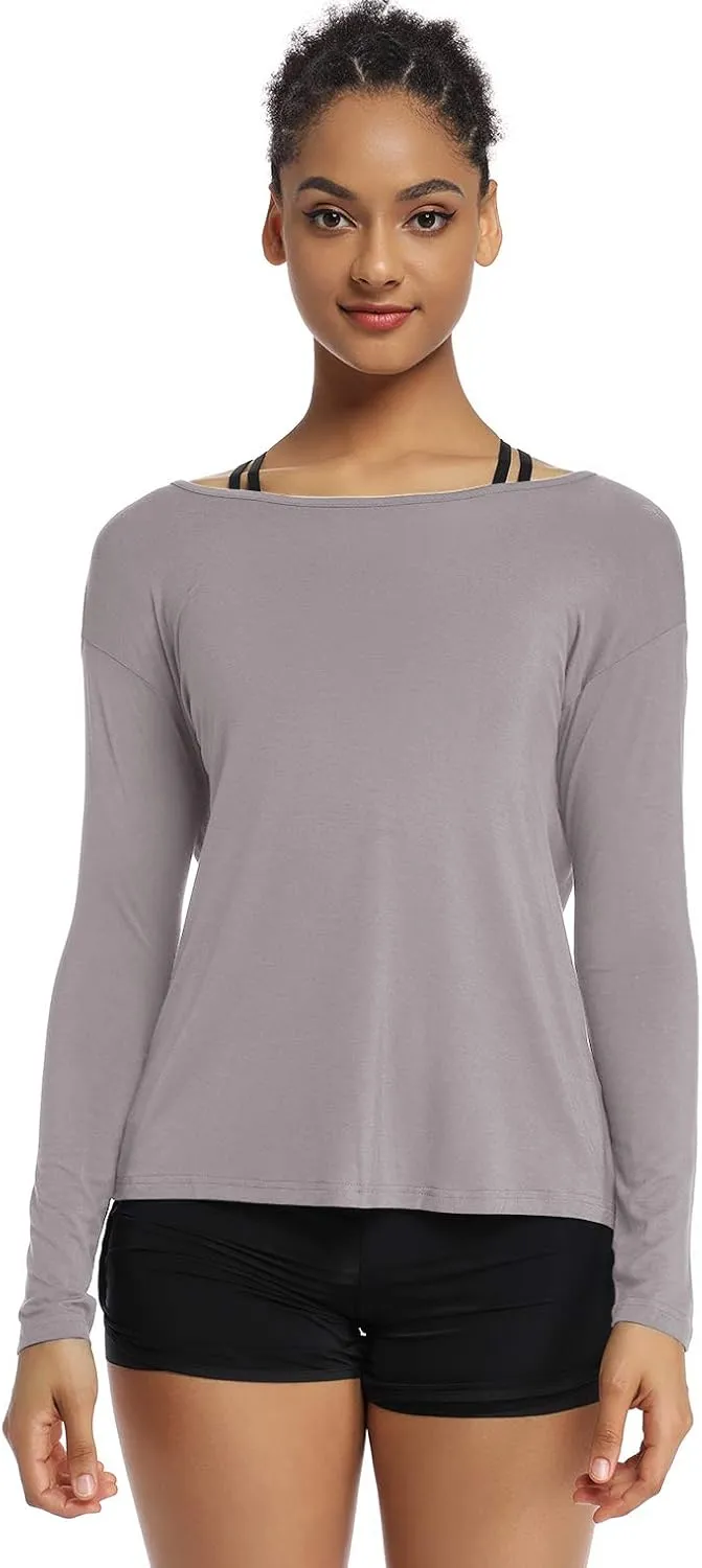 Muzniuer Women's Long Sleeve Workout Shirts Backless Yoga Shirts Cross Back Open Shirt