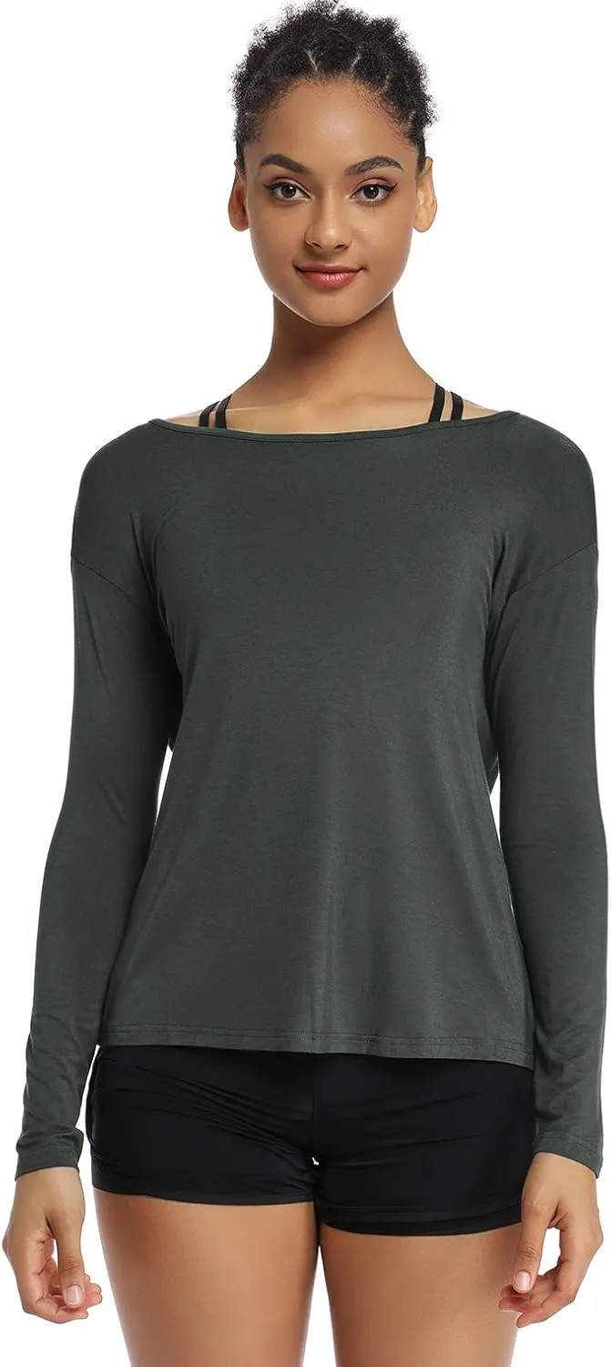 Muzniuer Women's Long Sleeve Workout Shirts Backless Yoga Shirts Cross Back Open Shirt