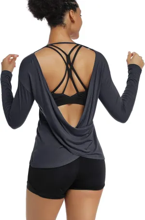 Muzniuer Women's Long Sleeve Workout Shirts Backless Yoga Shirts Cross Back Open Shirt
