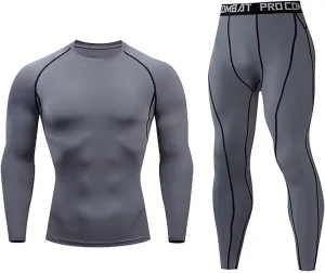 NaRHbrg Men's Sports Running Workout Set Compression Shirt Pants Top Long Sleeve Sports Tight Base Layer Quick Dry