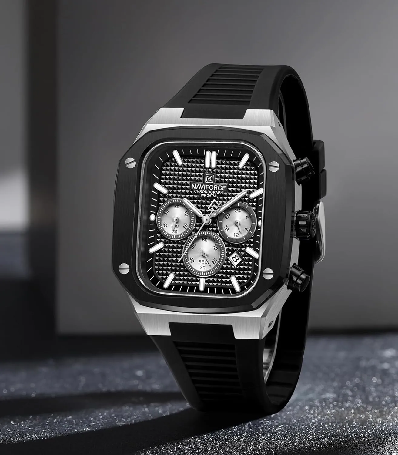 NAVIFORCE Mens Square Watches,Chronograph Analog Calendar Wrist Watch,Quartz Waterproof Watches for Men,Silicone Band