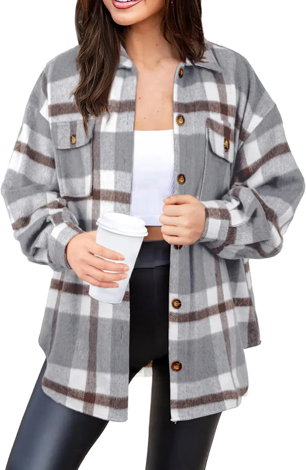 NIeyook Women's Casual Plaid Flannel Shacket Jacket Oversized Button Down Long Sleeve Fall Shirts Jacket Lapel Coats Tops