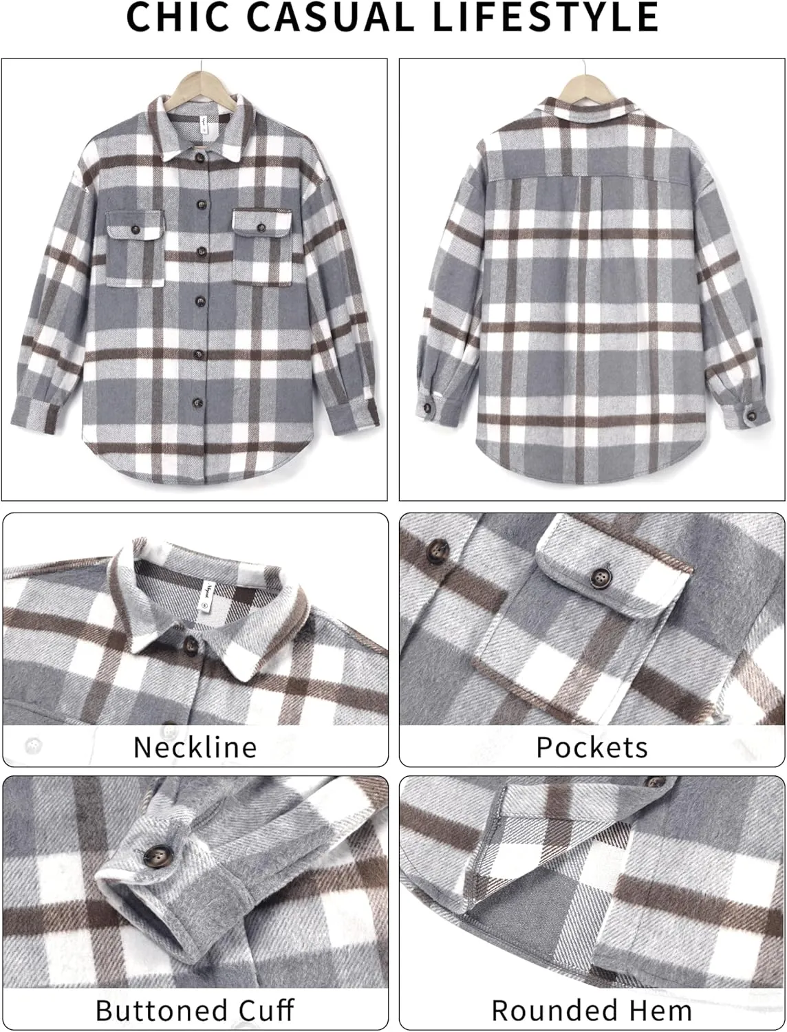 NIeyook Women's Casual Plaid Flannel Shacket Jacket Oversized Button Down Long Sleeve Fall Shirts Jacket Lapel Coats Tops