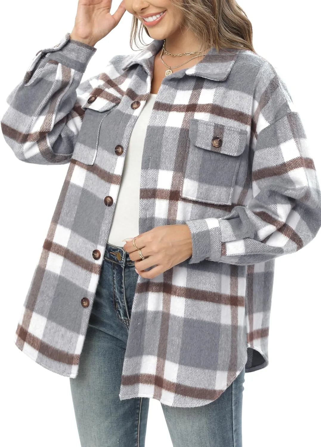 NIeyook Women's Casual Plaid Flannel Shacket Jacket Oversized Button Down Long Sleeve Fall Shirts Jacket Lapel Coats Tops