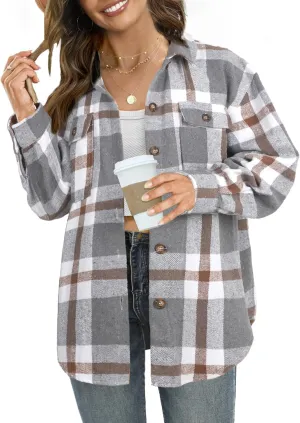 NIeyook Women's Casual Plaid Flannel Shacket Jacket Oversized Button Down Long Sleeve Fall Shirts Jacket Lapel Coats Tops