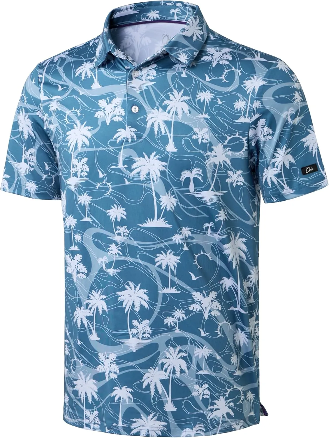 Obla Mens Golf Polo Shirts Short Sleeve Dry Fit Performance Moisture Wicking Casual Print Collared Golf Shirts for Men(Blue Coconut Beach_L)