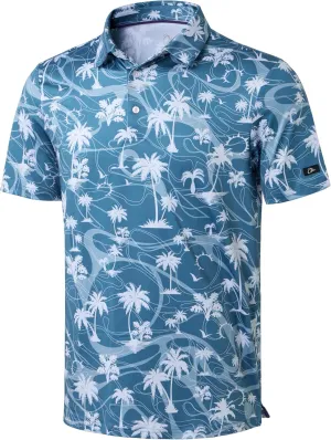 Obla Mens Golf Polo Shirts Short Sleeve Dry Fit Performance Moisture Wicking Casual Print Collared Golf Shirts for Men(Blue Coconut Beach_L)