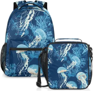 Ocean Jellyfish Lunch Backpack Blue Coral Laptop Backpacks Set with Insulated Cooler Lunch Box Leak Proof Lunch Bag for Women Men Work Camping Travel Daypack