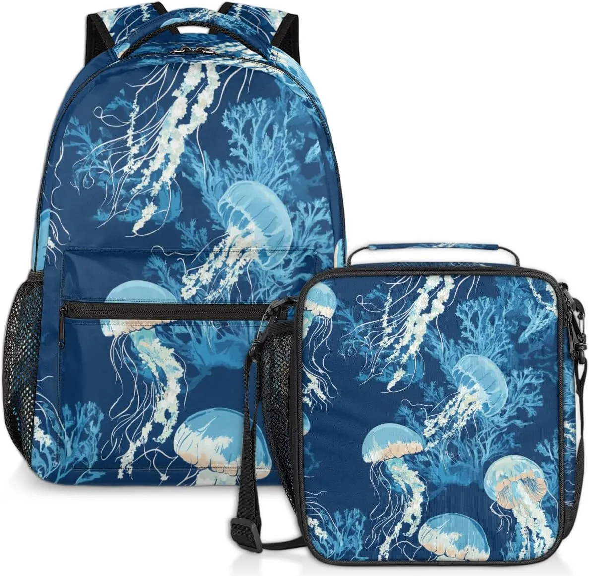 Ocean Jellyfish Lunch Backpack Blue Coral Laptop Backpacks Set with Insulated Cooler Lunch Box Leak Proof Lunch Bag for Women Men Work Camping Travel Daypack