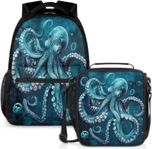 Ocean Octopus Lunch Backpack Blue Sea Animal Laptop Backpacks Set with Insulated Cooler Lunch Box Leak Proof Lunch Bag for Women Men Work Camping Travel Daypack