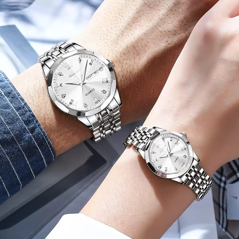 OLEVS Couple Watch His and Her Set Watches Business Analog Quartz Men and Women Watches Stainless Steel Waterproof Luminous Date Wrist Watch