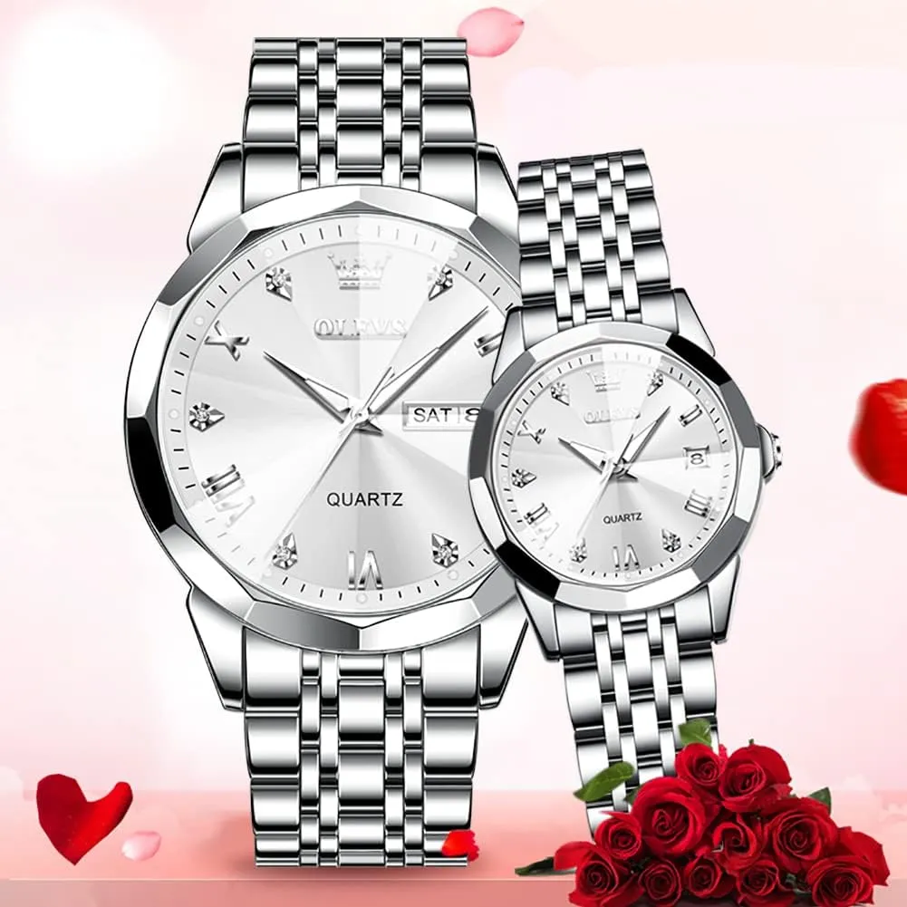 OLEVS Couple Watch His and Her Set Watches Business Analog Quartz Men and Women Watches Stainless Steel Waterproof Luminous Date Wrist Watch