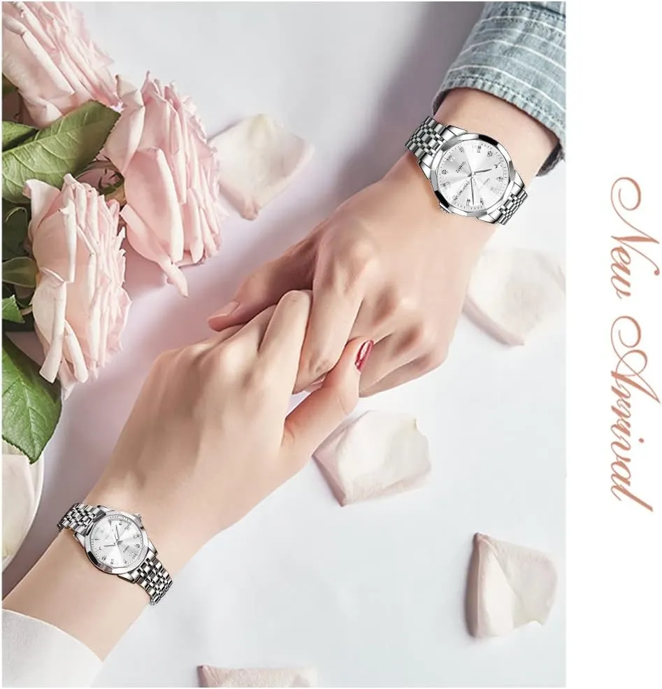 OLEVS Couple Watch His and Her Set Watches Business Analog Quartz Men and Women Watches Stainless Steel Waterproof Luminous Date Wrist Watch