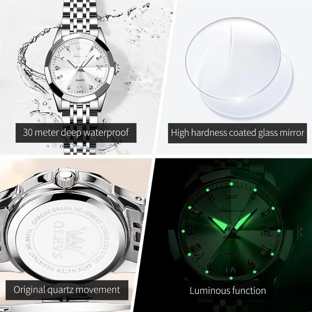 OLEVS Couple Watch His and Her Set Watches Business Analog Quartz Men and Women Watches Stainless Steel Waterproof Luminous Date Wrist Watch