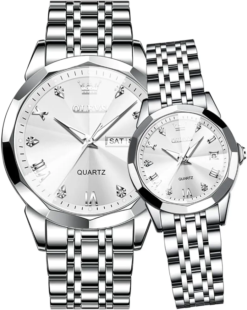 OLEVS Couple Watch His and Her Set Watches Business Analog Quartz Men and Women Watches Stainless Steel Waterproof Luminous Date Wrist Watch