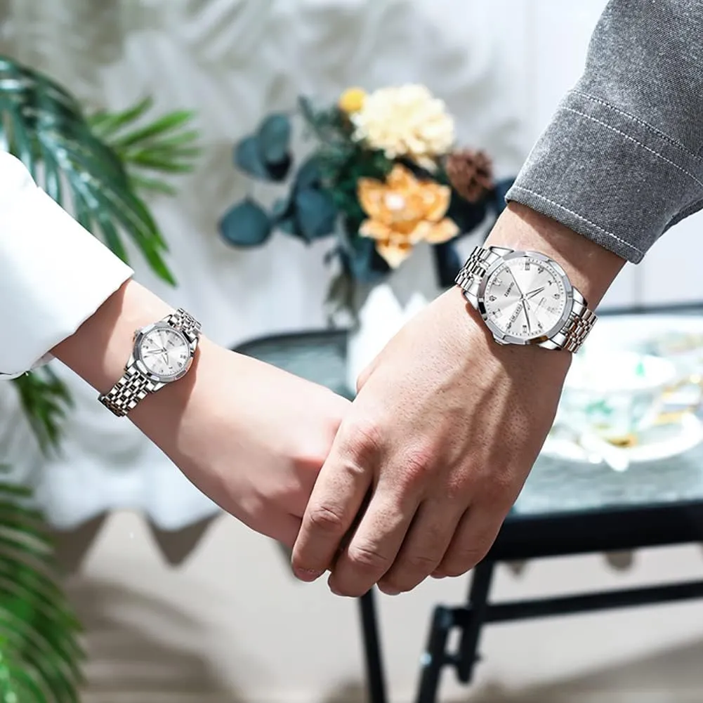 OLEVS Couple Watch His and Her Set Watches Business Analog Quartz Men and Women Watches Stainless Steel Waterproof Luminous Date Wrist Watch
