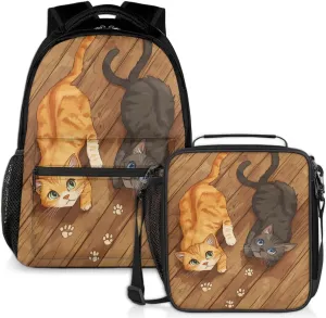 Orange Cat Claw Lunch Backpack Kitten Wooden Laptop Backpacks Set with Insulated Cooler Lunch Box Leak Proof Lunch Bag for Women Men Work Camping Travel Daypack