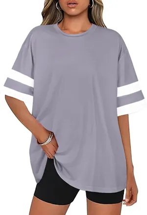 Oversized Tshirts for Women Summer Round Neck Striped Loose Tee Tops