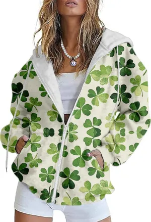 Oversized Zip Up Hoodie for Women St Patricks Day Sweatshirts 2025 Spring Casual Long Sleeve Shamrock Outfits
