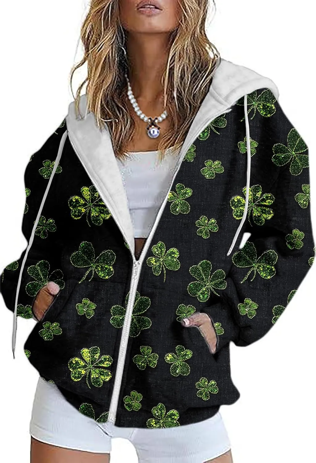 Oversized Zip Up Hoodie for Women St Patricks Day Sweatshirts 2025 Spring Casual Long Sleeve Shamrock Outfits