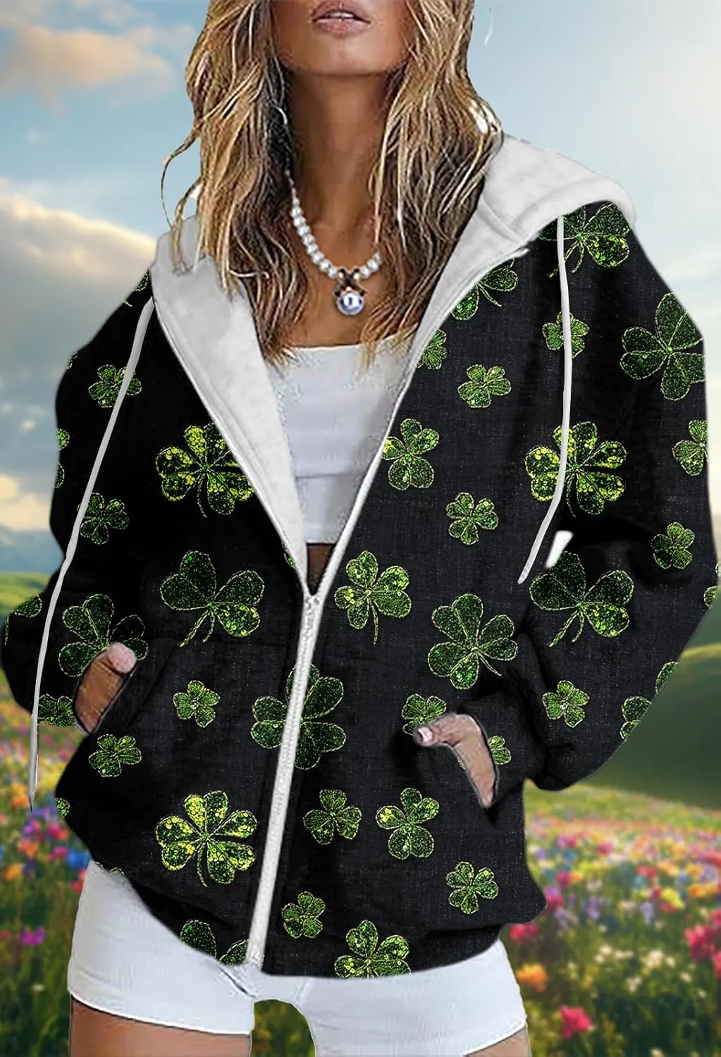 Oversized Zip Up Hoodie for Women St Patricks Day Sweatshirts 2025 Spring Casual Long Sleeve Shamrock Outfits