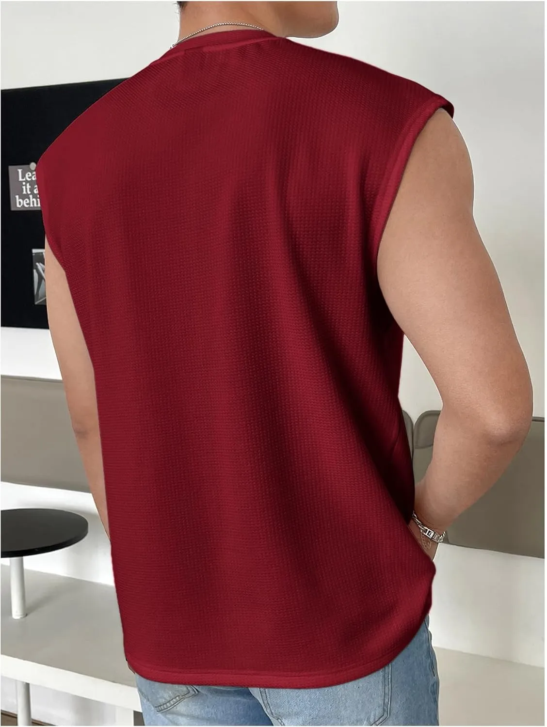 OYOANGLE Men's Letter Patched Textured Sleeveless Crew Neck Tank Tops Workout Athletic Casual Shirts