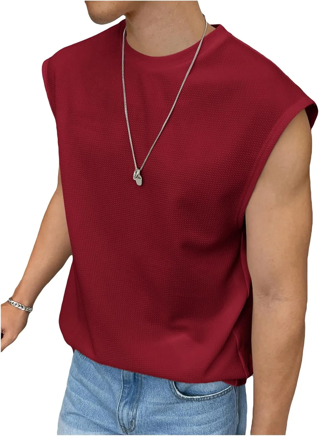 OYOANGLE Men's Letter Patched Textured Sleeveless Crew Neck Tank Tops Workout Athletic Casual Shirts