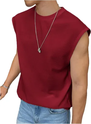 OYOANGLE Men's Letter Patched Textured Sleeveless Crew Neck Tank Tops Workout Athletic Casual Shirts