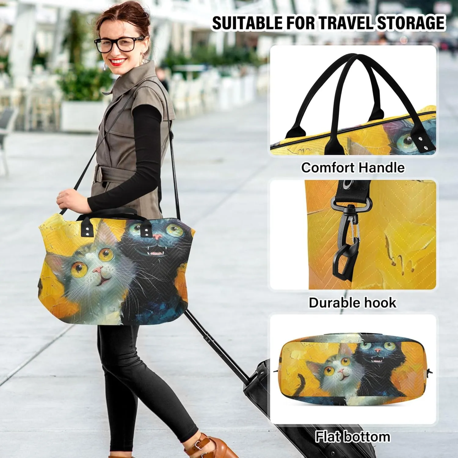 Painting Cats Cartoon Travel Duffle Bags Makeup Bag Set of 2, Decorative Women Gym Duffle Bag Carry on Duffle