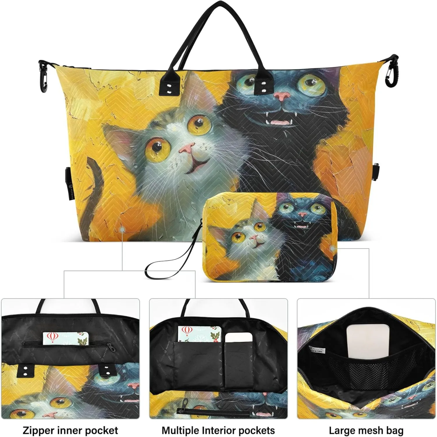 Painting Cats Cartoon Travel Duffle Bags Makeup Bag Set of 2, Decorative Women Gym Duffle Bag Carry on Duffle