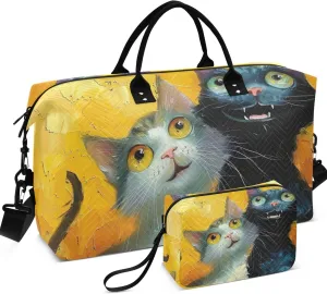 Painting Cats Cartoon Travel Duffle Bags Makeup Bag Set of 2, Decorative Women Gym Duffle Bag Carry on Duffle